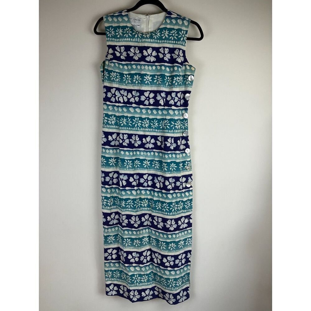 Vintage 90s Maggy London Side Button Maxi Sheath Dress Blue Linen Floral Size 4